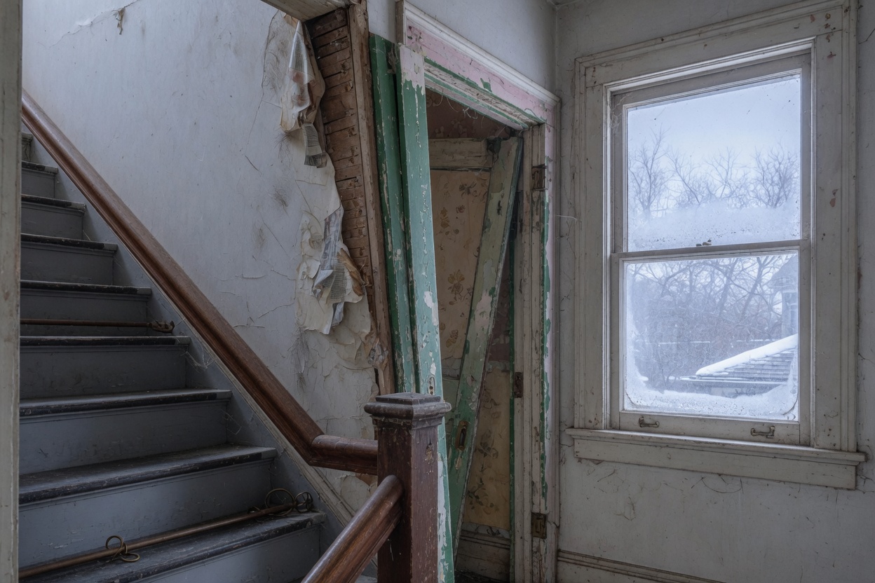 A worn stair rail beside a door jamb with the casing pulled back.